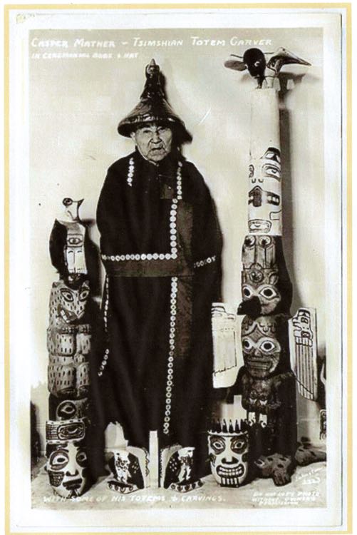 Photo of Casper Mather in regalia with some of his carvings.  Note the pair of Eagle bookends at his feet that closely resemble the bookends in this post. 